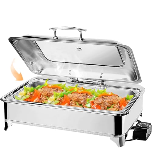 VFDZ Chafing Dish Elektrisch 9L, Catering Warmhaltebehälter Temperatureinstellknopf, Rechteckiger Chafing Dish Set Speisenwärmer mit Sichtbarem Glasdeckel (A, Full PAN) von VFDZ