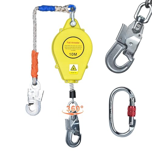 VFDZ Höhensicherungsgerät 10m/15m/20m, Absturzsicherung Dachdecker Einziehbar mit 360° Drehbarem Haken, Auffanggerät Fallschutz Absturzsicherung mit CE-Zertifizierung, Tragkraft: 150kg(Gelb,10m) von VFDZ