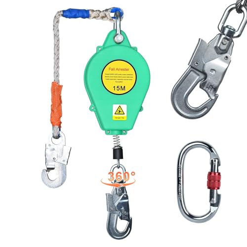 VFDZ Höhensicherungsgerät 10m/15m/20m, Absturzsicherung Dachdecker Einziehbar mit 360° Drehbarem Haken, Auffanggerät Fallschutz Absturzsicherung mit CE-Zertifizierung, Tragkraft: 150kg(Grün,15m) von VFDZ