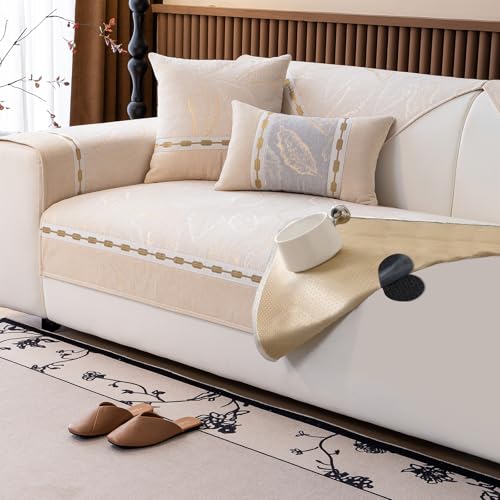 VFGFDJNDFX Doppelt rutschfeste Sofa ÜBerzug Mit Anti-Rutsch Gummipunkten Und Klettband, Weiche Chenille Universelle Sofabezug FüR 1 2 3 4 Sitzer (Herbstlaub-Weiß,90×70cm) von VFGFDJNDFX