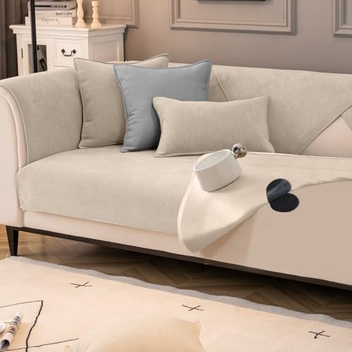 VFGFDJNDFX Doppelt rutschfeste Sofa ÜBerzug Mit Anti-Rutsch Gummipunkten Und Klettband, Weiche Chenille Universelle Sofabezug FüR 1 2 3 4 Sitzer (Monet-Cremeweiß,70×120cm) von VFGFDJNDFX