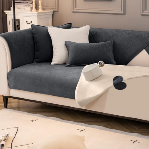 VFGFDJNDFX Doppelt rutschfeste Sofa ÜBerzug Mit Anti-Rutsch Gummipunkten Und Klettband, Weiche Chenille Universelle Sofabezug FüR 1 2 3 4 Sitzer (Monet-Dunkelgrau,70×150cm) von VFGFDJNDFX