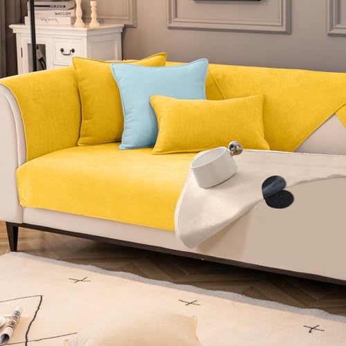 VFGFDJNDFX Doppelt rutschfeste Sofa ÜBerzug Mit Anti-Rutsch Gummipunkten Und Klettband, Weiche Chenille Universelle Sofabezug FüR 1 2 3 4 Sitzer (Monet-Gelb,90×70cm) von VFGFDJNDFX