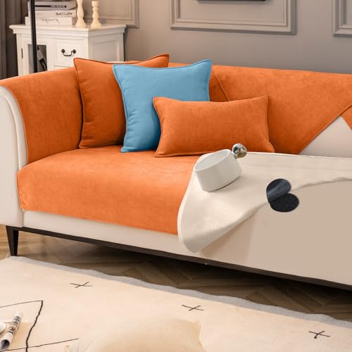 VFGFDJNDFX Doppelt rutschfeste Sofa ÜBerzug Mit Anti-Rutsch Gummipunkten Und Klettband, Weiche Chenille Universelle Sofabezug FüR 1 2 3 4 Sitzer (Monet-Orangegelb,110×110cm) von VFGFDJNDFX