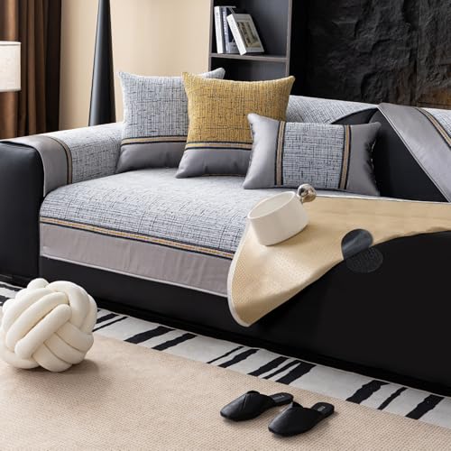 VFGFDJNDFX Doppelt rutschfeste Sofa ÜBerzug Mit Anti-Rutsch Gummipunkten Und Klettband, Weiche Chenille Universelle Sofabezug FüR 1 2 3 4 Sitzer (Reno-Hellgrau,110×210cm) von VFGFDJNDFX