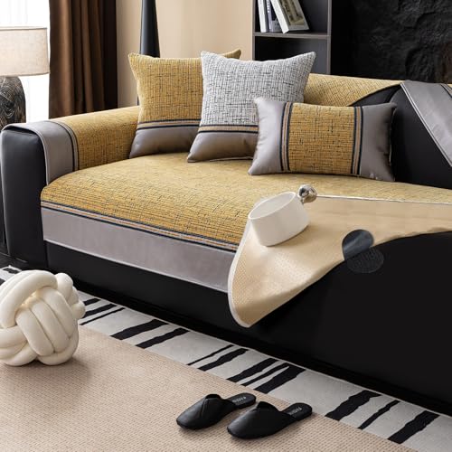 VFGFDJNDFX Doppelt rutschfeste Sofa ÜBerzug Mit Anti-Rutsch Gummipunkten Und Klettband, Weiche Chenille Universelle Sofabezug FüR 1 2 3 4 Sitzer (Renommee-Gelb,110×180cm) von VFGFDJNDFX