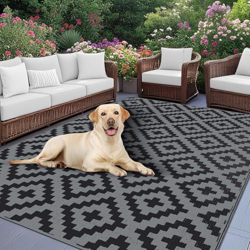 VFGFDJNDFX Outdoor Teppich Wetterfest UV-BestäNdig, Kunststoff Stroh Wendbar Campingmatte Picknickdecke FüR Balkon Garten Terrasse BBQ RV Innen (Schwarz-Grau-Kreuz,360 * 270cm) von VFGFDJNDFX