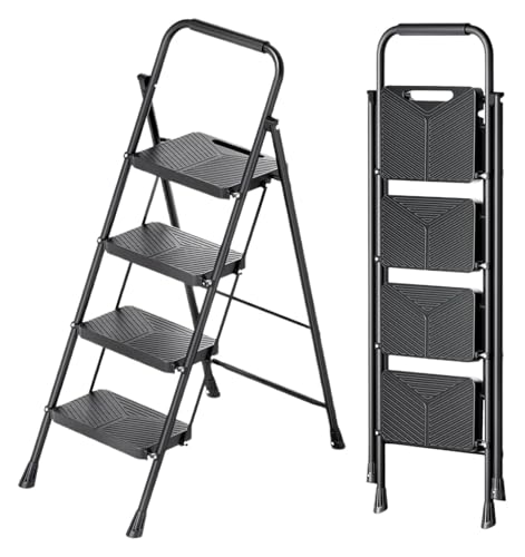 VFIDPSU Klappbare Leiter Klappbare 5-Stufen-Leiter, tragbare Leiter for Mehrzweck, Zuhause, Küche, Schwerer, Stabiler Tritthocker aus Stahl mit Rutschfester Breite(Black-4 Step Ladder) von VFIDPSU