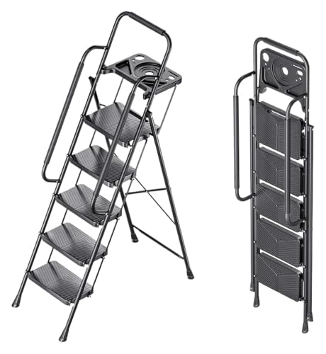 VFIDPSU Klappbare Leiter Klappbare 5-Stufen-Leiter, tragbare Leiter for Mehrzweck, Zuhause, Küche, Schwerer, Stabiler Tritthocker aus Stahl mit Rutschfester Breite(Black-5 Step Ladder) von VFIDPSU