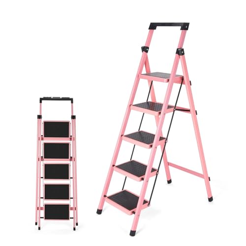 VFIDPSU Klappbare Leiter Multifunktionale Küchentritthocker Sicherheitsklappleitern Kohlenstoffstahl Verdickte Innentreppe mit Fischgrätenmuster Teleskopleiter(Pink) von VFIDPSU