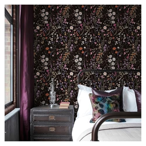 VFIDPSU Schwarze Blumen-PVC-Tapete, dunkle Blumenblätter, Möbel-Renovierungsaufkleber, klassisches wasserdichtes Vinyl-Badezimmerdekor(44cmx300cm) von VFIDPSU