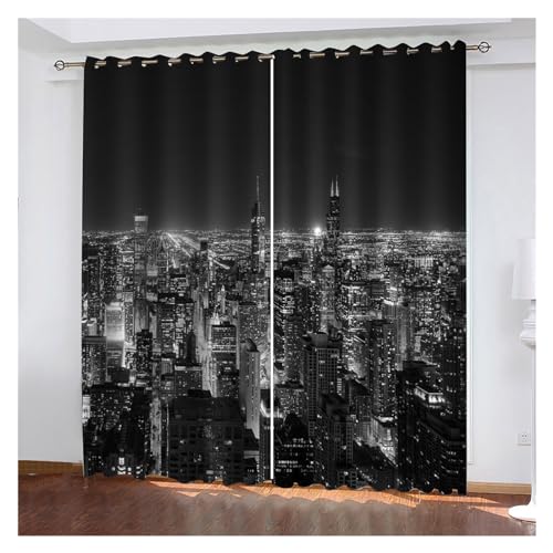 VFIDPSU Vorhänge 3D Moderne Schwarze Nachtansicht der modernen Stadt Fenstervorhang Schattierung Polyester Schlafzimmer Wohnzimmer Haken Öse dekorativ(1,Hook_132W164H(cm) 52X65IN) von VFIDPSU