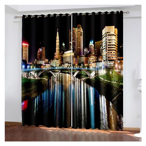 VFIDPSU Vorhänge 3D Moderne Schwarze Nachtansicht der modernen Stadt Fenstervorhang Schattierung Polyester Schlafzimmer Wohnzimmer Haken Öse dekorativ(11,Hook_173W183H(cm) 68X72IN) von VFIDPSU