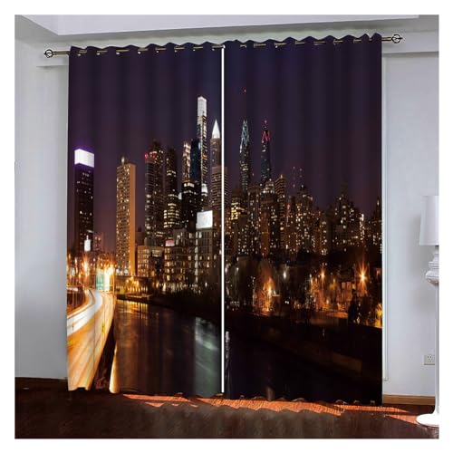 VFIDPSU Vorhänge 3D Moderne Schwarze Nachtansicht der modernen Stadt Fenstervorhang Schattierung Polyester Schlafzimmer Wohnzimmer Haken Öse dekorativ(12,Hook_173W183H(cm) 68X72IN) von VFIDPSU