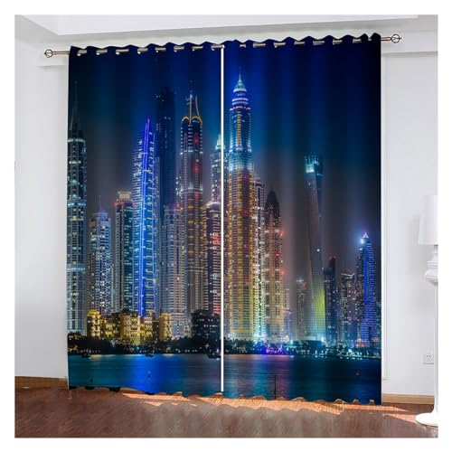 VFIDPSU Vorhänge 3D Moderne Schwarze Nachtansicht der modernen Stadt Fenstervorhang Schattierung Polyester Schlafzimmer Wohnzimmer Haken Öse dekorativ(2,Hook_208W208H(cm) 82X82IN) von VFIDPSU