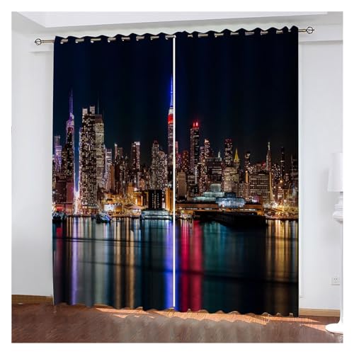 VFIDPSU Vorhänge 3D Moderne Schwarze Nachtansicht der modernen Stadt Fenstervorhang Schattierung Polyester Schlafzimmer Wohnzimmer Haken Öse dekorativ(3,Grommet TOP_170W200H(cm) 67X78IN) von VFIDPSU