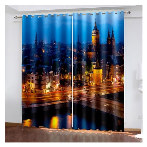 VFIDPSU Vorhänge 3D Moderne Schwarze Nachtansicht der modernen Stadt Fenstervorhang Schattierung Polyester Schlafzimmer Wohnzimmer Haken Öse dekorativ(4,Hook_132W164H(cm) 52X65IN) von VFIDPSU