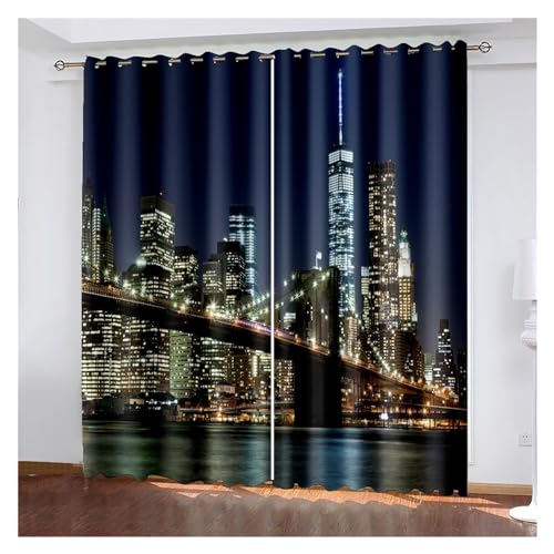 VFIDPSU Vorhänge 3D Moderne Schwarze Nachtansicht der modernen Stadt Fenstervorhang Schattierung Polyester Schlafzimmer Wohnzimmer Haken Öse dekorativ(6,Grommet TOP_173W183H(cm) 68X72IN) von VFIDPSU