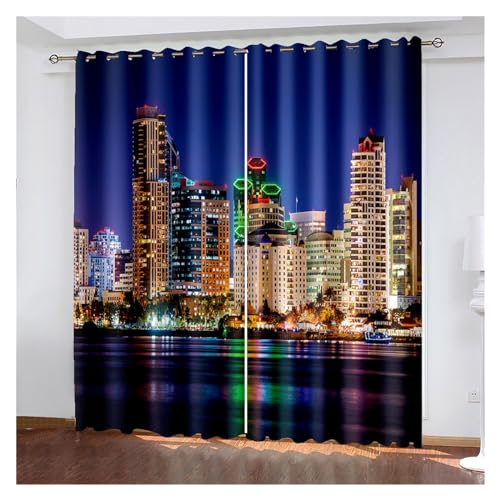 VFIDPSU Vorhänge 3D Moderne Schwarze Nachtansicht der modernen Stadt Fenstervorhang Schattierung Polyester Schlafzimmer Wohnzimmer Haken Öse dekorativ(7,Grommet TOP_173W214H(cm) 68X84IN) von VFIDPSU