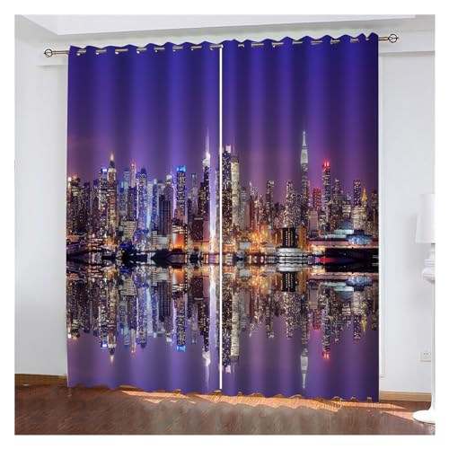 VFIDPSU Vorhänge 3D Moderne Schwarze Nachtansicht der modernen Stadt Fenstervorhang Schattierung Polyester Schlafzimmer Wohnzimmer Haken Öse dekorativ(8,Grommet TOP_208W208H(cm) 82X82IN) von VFIDPSU