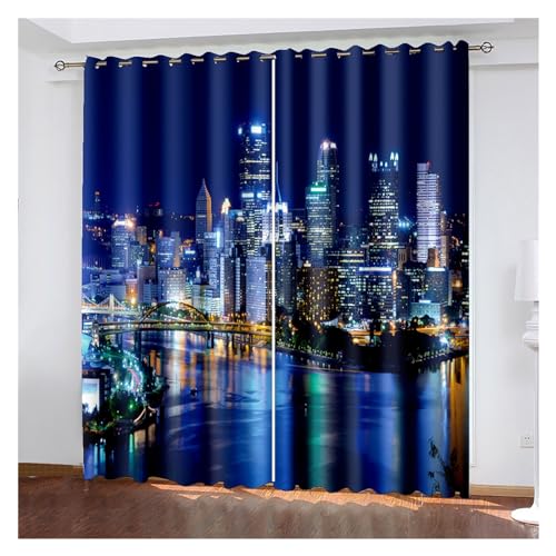 VFIDPSU Vorhänge 3D Moderne Schwarze Nachtansicht der modernen Stadt Fenstervorhang Schattierung Polyester Schlafzimmer Wohnzimmer Haken Öse dekorativ(9,Grommet TOP_173W214H(cm) 68X84IN) von VFIDPSU