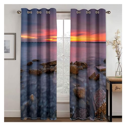 VFIDPSU Vorhänge Seaside Sunset Sunset Landscape Sonnenschutzvorhänge 3D-Digitaldruck Polyestervorhänge 2 Panel Wohnzimmer Schlafzimmer Dekor Vorhänge(1,Hook_100W130H(cm) 40X51IN) von VFIDPSU
