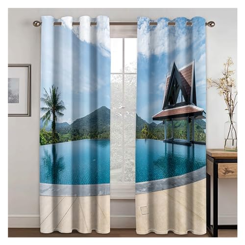 VFIDPSU Vorhänge Seaside Sunset Sunset Landscape Sonnenschutzvorhänge 3D-Digitaldruck Polyestervorhänge 2 Panel Wohnzimmer Schlafzimmer Dekor Vorhänge(3,Hook_135W165H(cm) 53X65IN) von VFIDPSU