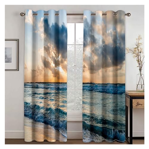 VFIDPSU Vorhänge Seaside Sunset Sunset Landscape Sonnenschutzvorhänge 3D-Digitaldruck Polyestervorhänge 2 Panel Wohnzimmer Schlafzimmer Dekor Vorhänge(8,Grommet TOP_220W214H(cm) 87X84IN) von VFIDPSU