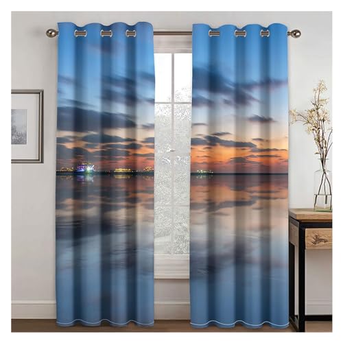 VFIDPSU Vorhänge Seaside Sunset Sunset Landscape Sonnenschutzvorhänge 3D-Digitaldruck Polyestervorhänge 2 Panel Wohnzimmer Schlafzimmer Dekor Vorhänge(9,Hook_135W165H(cm) 53X65IN) von VFIDPSU