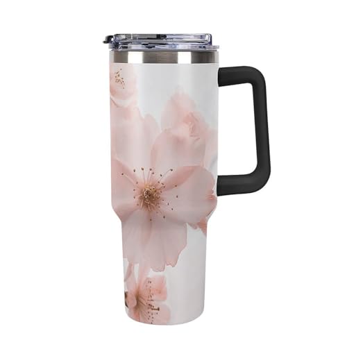 1200 ml Becher mit Griff und Strohhalm, Doppelt Vakuum, auslaufsicher, Reisekaffeetasse, süße Wasserflasche, Blumenbilder, Auto Tasse für Männer und Frauen von VFMKT
