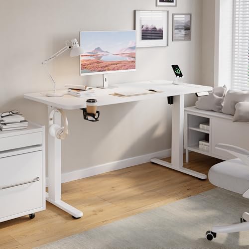 VFU Höhenverstellbarer Schreibtisch mit USB-C Ladeanschluss 140 x 60cm, Memory-Funktion Stabiler Schreibtisch Höhenverstellbar Elektrisch, Steh-Sitz Tisch Stehpult Verstellbarer Computertisch, Weiß von VFU