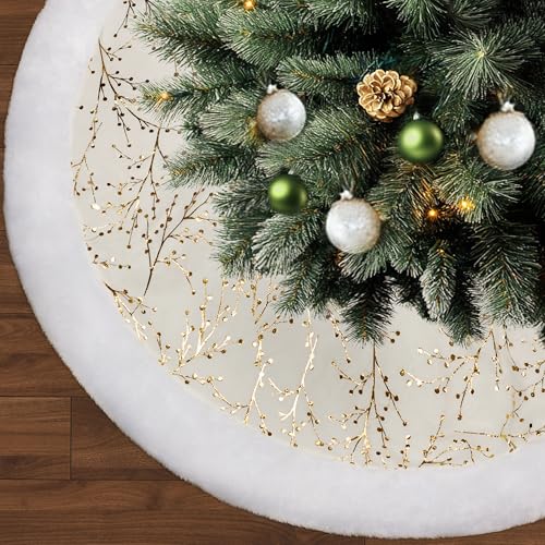 120cm Weihnachtsbaum Rock Weiß & Gold,Faux Fell Christbaumdecke Rund,Dicke Plüsch Samt Tannenbaum Decke,Große Christbaumdecke Weiß für Weihnachtsbaum Deko von VFZILH