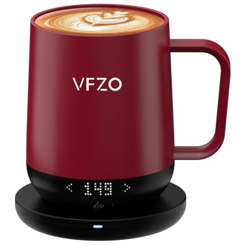 VFZO Smart Mug, selbstheizend, temperaturgesteuert, selbsterhitzend, LED-Echtzeit-Temperaturanzeige, maximale Akkulaufzeit von 180 Minuten. Intelligente Kaffeetasse (340 ml, Burgunderrot) von VFZO