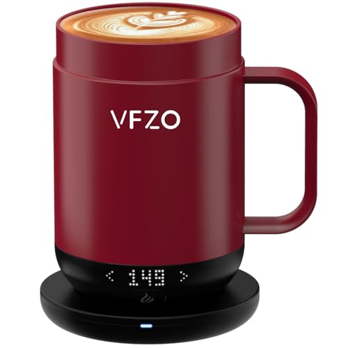 VFZO Smart Mug, selbstheizend, temperaturgesteuert, selbsterhitzend, LED-Echtzeit-Temperaturanzeige, maximale Akkulaufzeit von 180 Minuten. Intelligente Kaffeetasse (473 ml, Burgunderrot) von VFZO
