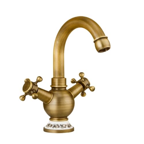 All-Kupfer-Antike Doppelgriff-Wasserhahn, Haushaltsküchenspüle, Gemüsebecken, heiß und kalt, spritzwassergeschützter Wasserhahn (Antik-Groß, gebogen) von VFfotO