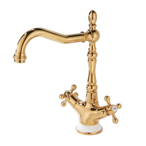 All-Kupfer-Wasserhahn, Waschbecken, Doppelgriff, Keramikbasis, Retro, Heiß- und Kaltwasserhahn, drehbar, Gold (Gold) von VFfotO