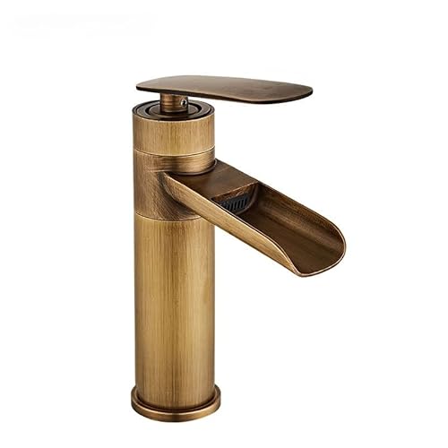 Antiker All-Kupfer-Wasserfall-Waschtisch-Einloch-Wasserhahn, Badezimmerschrank, Badezimmer, Haushalt, heiß und kalt, spritzwassergeschützter Wasserhahn (Antik kurz) von VFfotO
