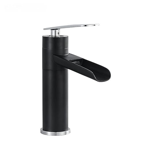 Antiker All-Kupfer-Wasserfall-Waschtisch-Einloch-Wasserhahn, Badezimmerschrank, Badezimmer, Haushalt, heiß und kalt, spritzwassergeschützter Wasserhahn (Schwarz und Silber, kurz) von VFfotO