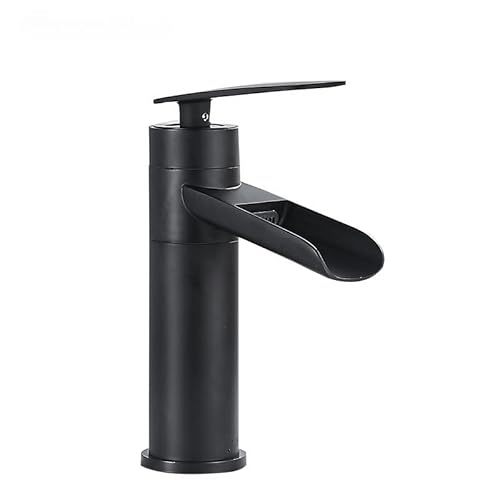 Antiker All-Kupfer-Wasserfall-Waschtisch-Einloch-Wasserhahn, Badezimmerschrank, Badezimmer, Haushalt, heiß und kalt, spritzwassergeschützter Wasserhahn (schwarz, kurz) von VFfotO