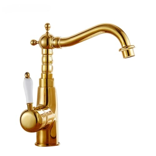 Ganzkupfer Gold Keramik Waschbecken Wasserhahn Haushalt Badezimmer Theke Waschbecken Küche Warm und Kalt Spüle Wasserhahn (Golden Short) von VFfotO