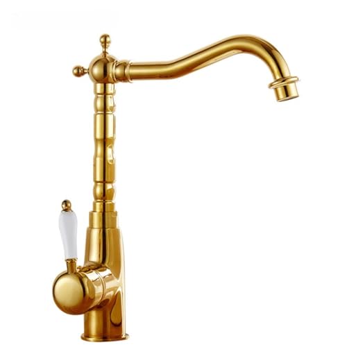 Ganzkupfer Gold Keramik Waschbecken Wasserhahn Haushalt Badezimmer Theke Waschbecken Küche Warm und Kalt Waschbecken Wasserhahn (Gold hoch) von VFfotO