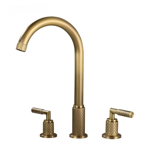 Grenzüberschreitender Dreiloch-Wasserhahn, Badezimmer, geteilter Doppelgriff-All-Kupfer-Waschbecken, heiß und kalt, spritzwassergeschützter Wasserhahn, dreiteiliges Set (antiker großer Ellenbogen) von VFfotO