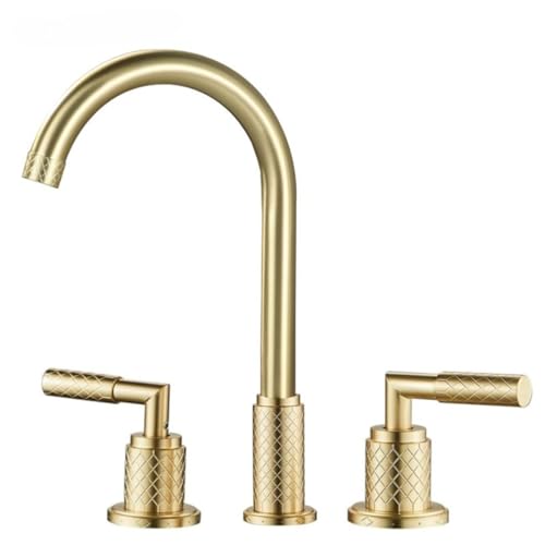 Grenzüberschreitender Dreiloch-Wasserhahn, Badezimmer, geteilter Doppelgriff-Allkupfer-Waschbecken, heiß und kalt, spritzwassergeschützter Wasserhahn, dreiteiliges Set (gebürsteter Goldbogen) von VFfotO