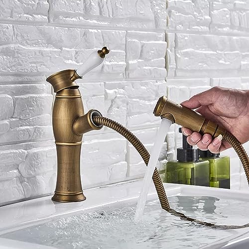 Messing Küche/Becken Wasserhahn Antik Gold Pull Out Bad Mischbatterie Rotierende Einzelne Porzellan Griff Einloch Heißes und Kaltes Wasser von VFfotO
