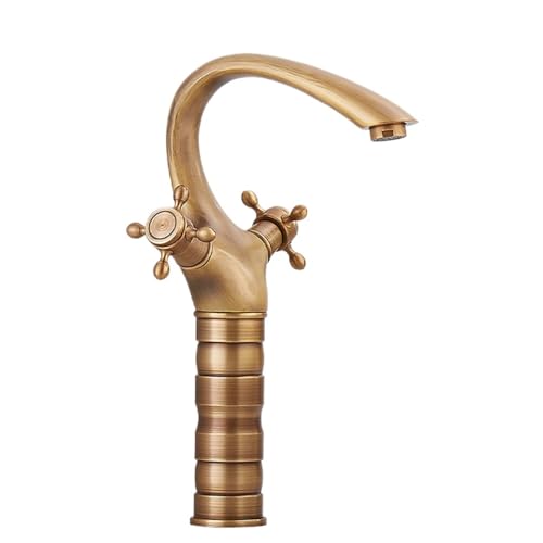 Retro-All-Kupfer-Doppelgriff-Einloch-Waschtischarmatur, Haushalts-Badezimmerschrank, Waschbecken, erhöhter heißer und kalter spritzwassergeschützter Wasserhahn (Antik-Hoch) von VFfotO