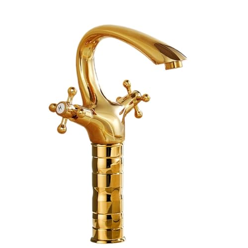Retro-All-Kupfer-Doppelgriff-Einloch-Waschtischarmatur, Haushalts-Badezimmerschrank, Waschbecken, erhöhter heißer und kalter spritzwassergeschützter Wasserhahn (Golden High) von VFfotO