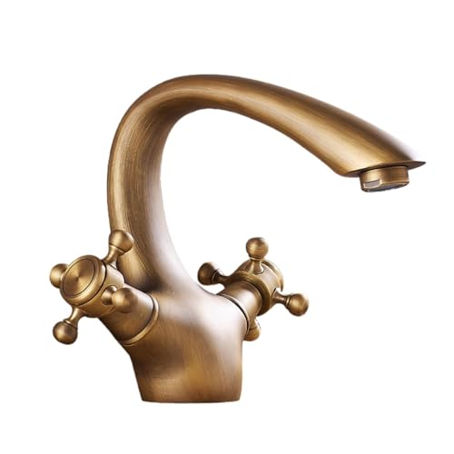 Retro All-Kupfer-Doppelgriff Einloch-Waschtischarmatur Haushalt Badezimmer Schrank Waschbecken Erhöhte Heiß und Kalt Spritzwassergeschützter Wasserhahn (Antik Kurz) von VFfotO