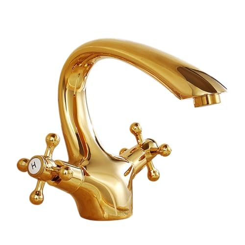 Retro All-Kupfer-Doppelgriff Einloch-Waschtischarmatur Haushalt Badezimmer Schrank Waschbecken Erhöhte Heiß- und Kalt Spritzwassergeschützter Wasserhahn (Golden Short) von VFfotO