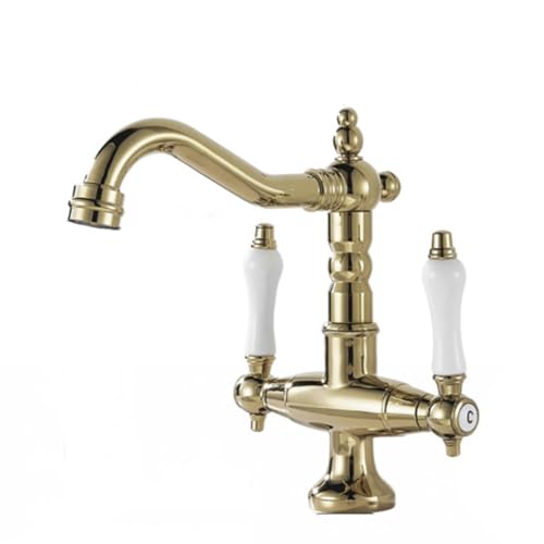 Retro-Gold-Wasserhahn, heiß und kalt, WC, Badezimmerschrank, Handwaschbecken, Doppelgriff, Doppelloch, Kupfer-Wasserhahn von VFfotO