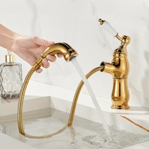 Vollkupfer-Waschbecken, ausziehbarer Wasserhahn, WC, Badezimmerschrank, heiß und kalt, spritzwassergeschützter Wasserhahn (Gold) von VFfotO